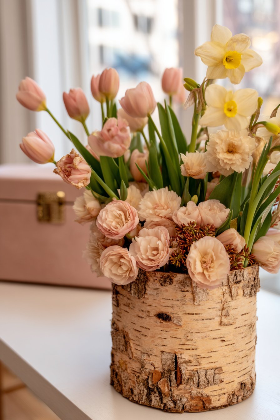 Birkenrinde Pflanzgefäß mit Frühlingsblumen
