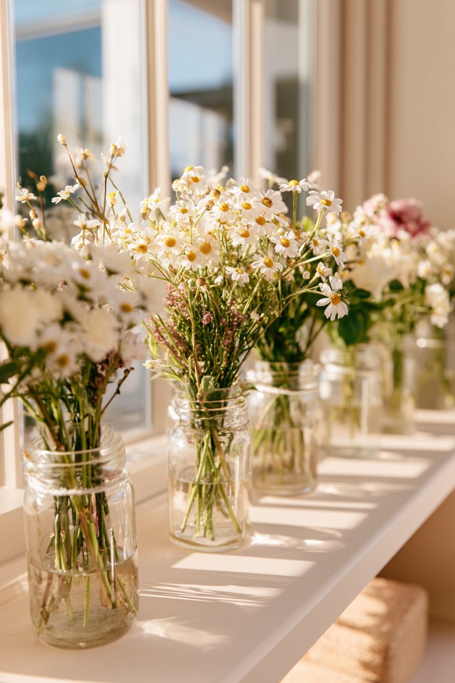 Einzelne Blumenstiele in kleinen Glasvasen rustikal