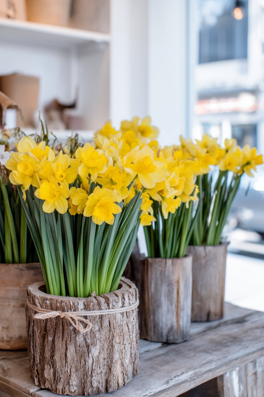 Narzissen in rustikalen Holzgefäßen als Frühlingsdeko