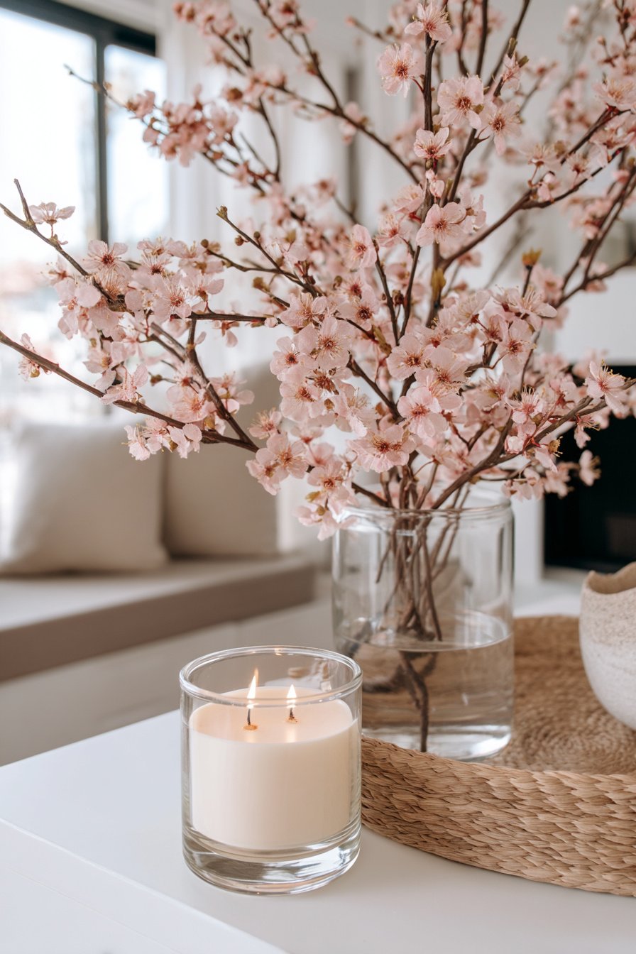 Glas mit Kerze und künstlichen Kirschblüten dekoriert