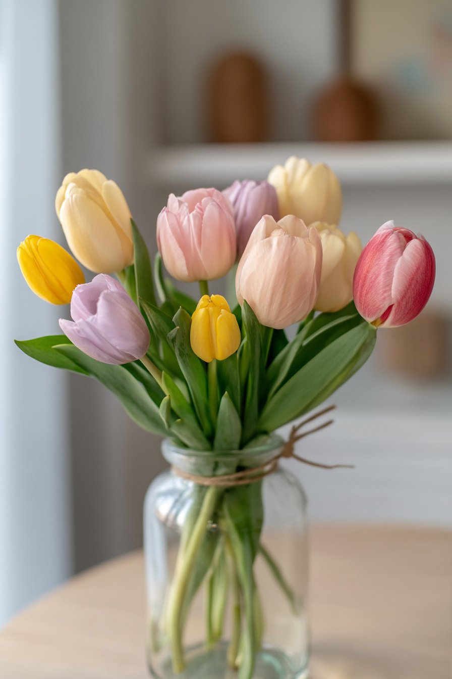 Große Glasvase mit pastellfarbenen Tulpen