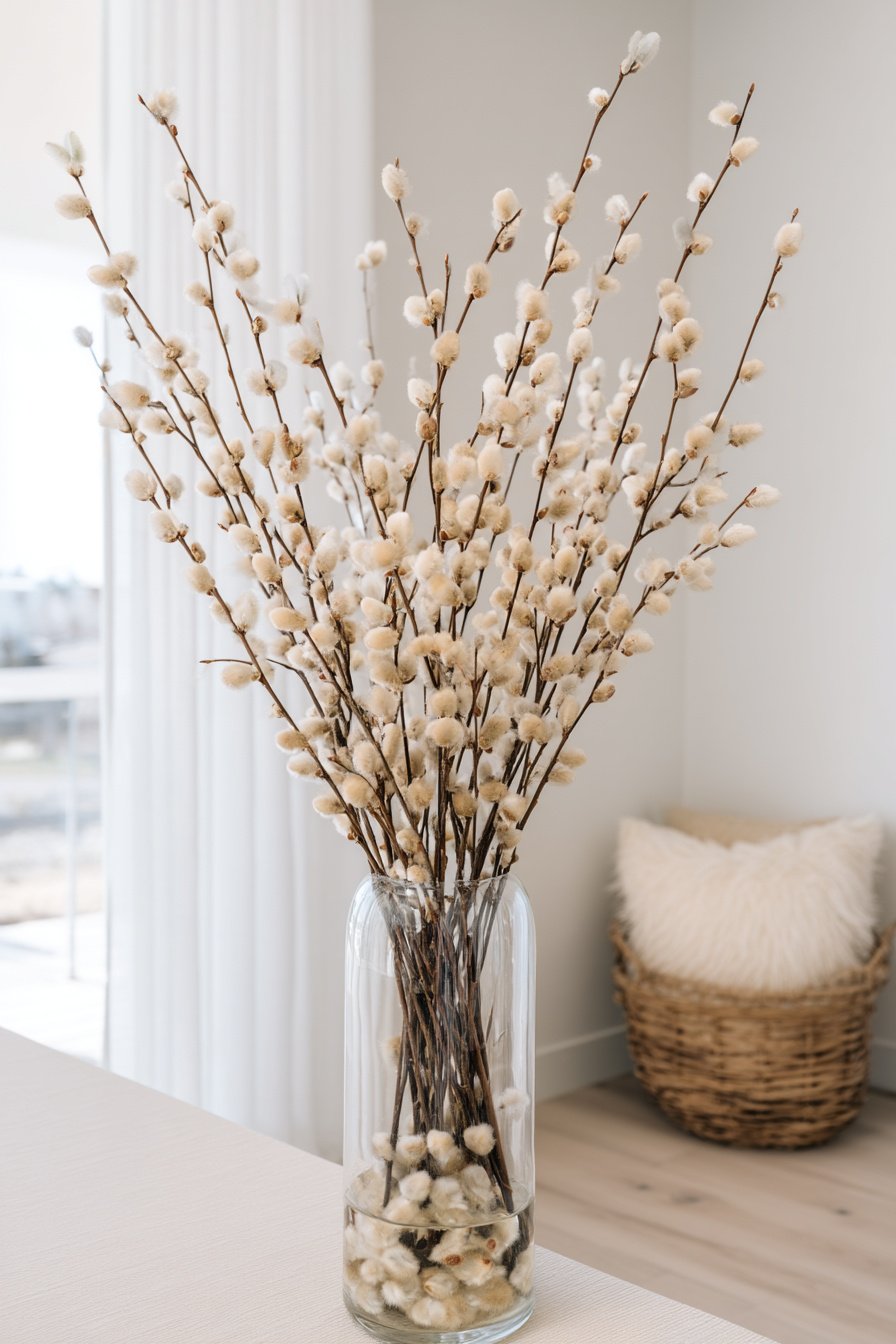 Hohe Glasvase mit Ästen und Weidenkätzchen