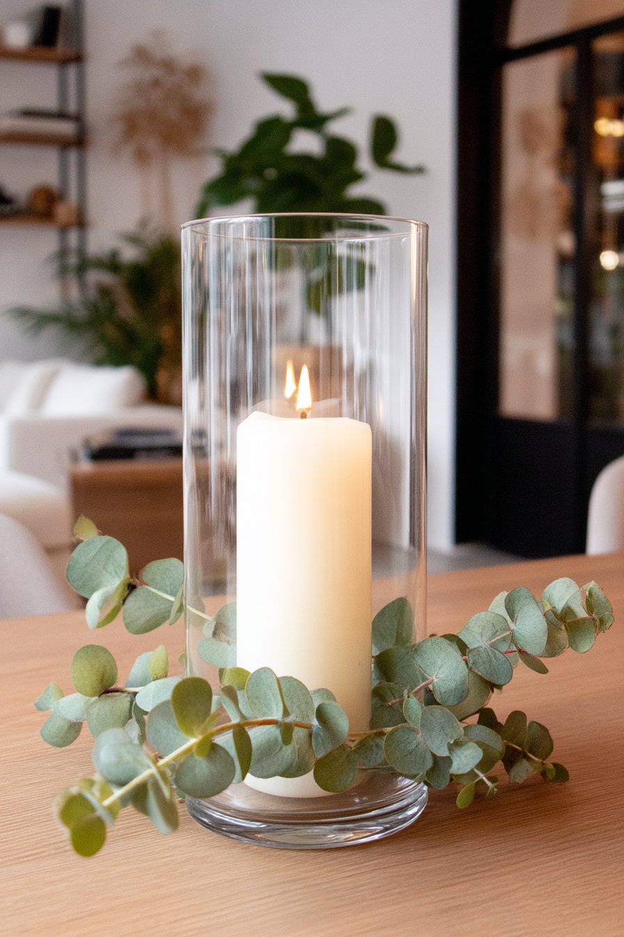 Windlichtglas mit Kerze und Eukalyptus im Frühling
