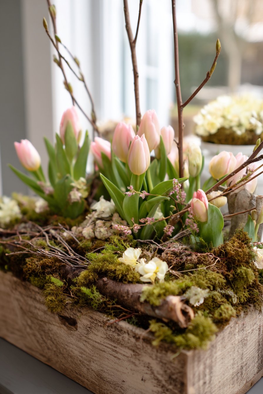 Holzbox mit Tulpen, Moos und Zweigen als Frühlingsdeko