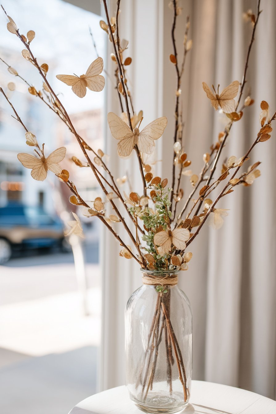 Glasvase mit Zweigen und Papier-Schmetterlingen