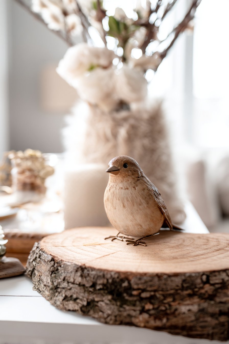 Metallvogel auf Holzscheibe als rustikale Frühlingsdeko
