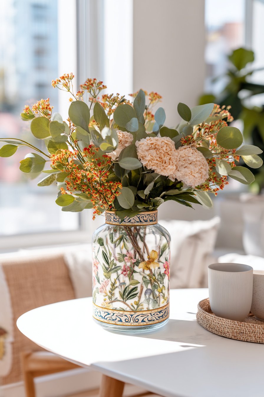 Frühlingsvase mit bunter Serviettentechnik auf Glas