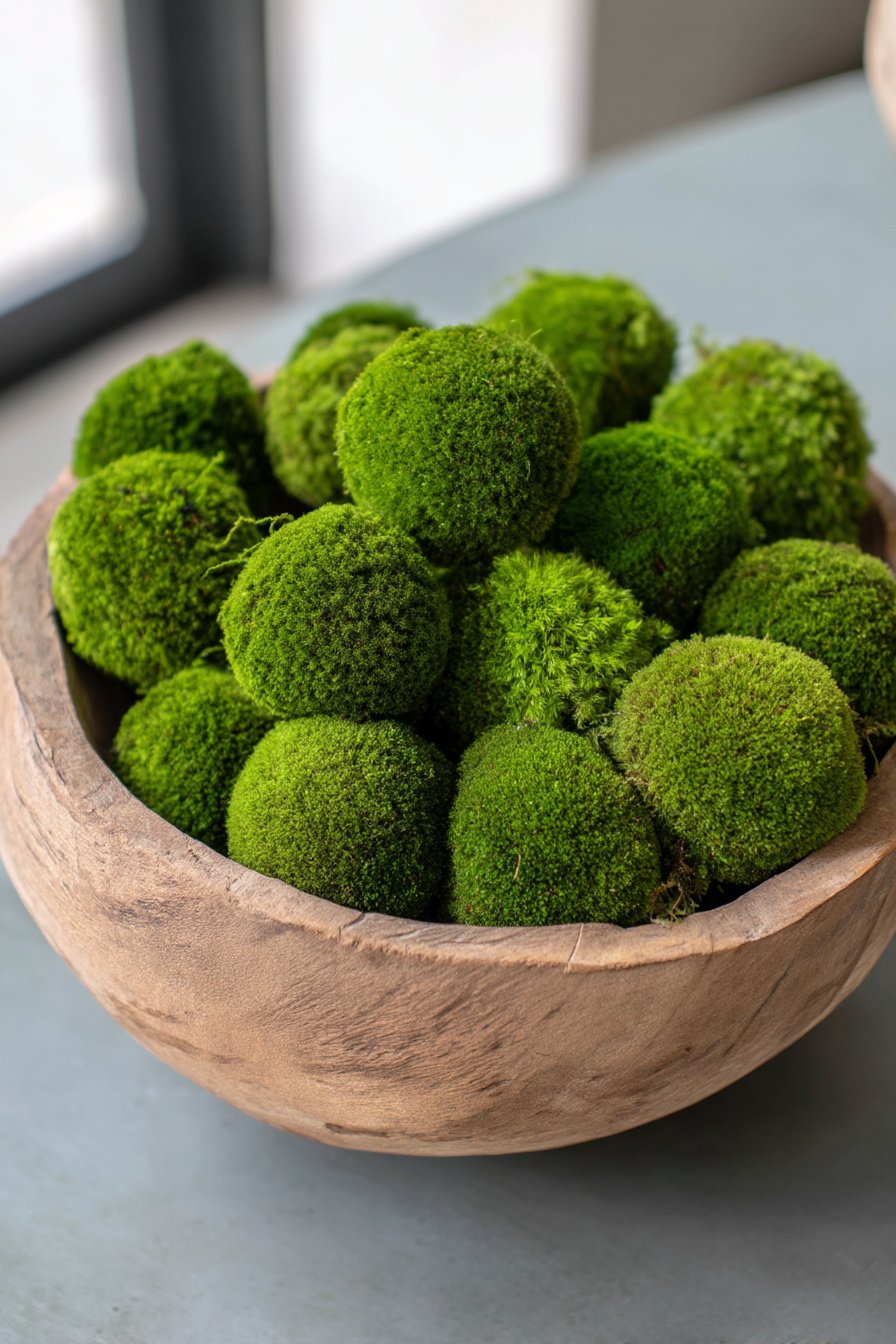 Mooskugeln in Holzschale als rustikale Frühlingsdeko