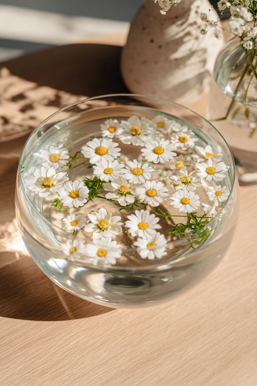 Niedriges Glas mit schwimmenden Gänseblümchen