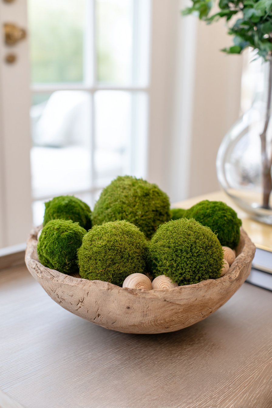 Rustikale Schale mit Mooskugeln und Holzblumen