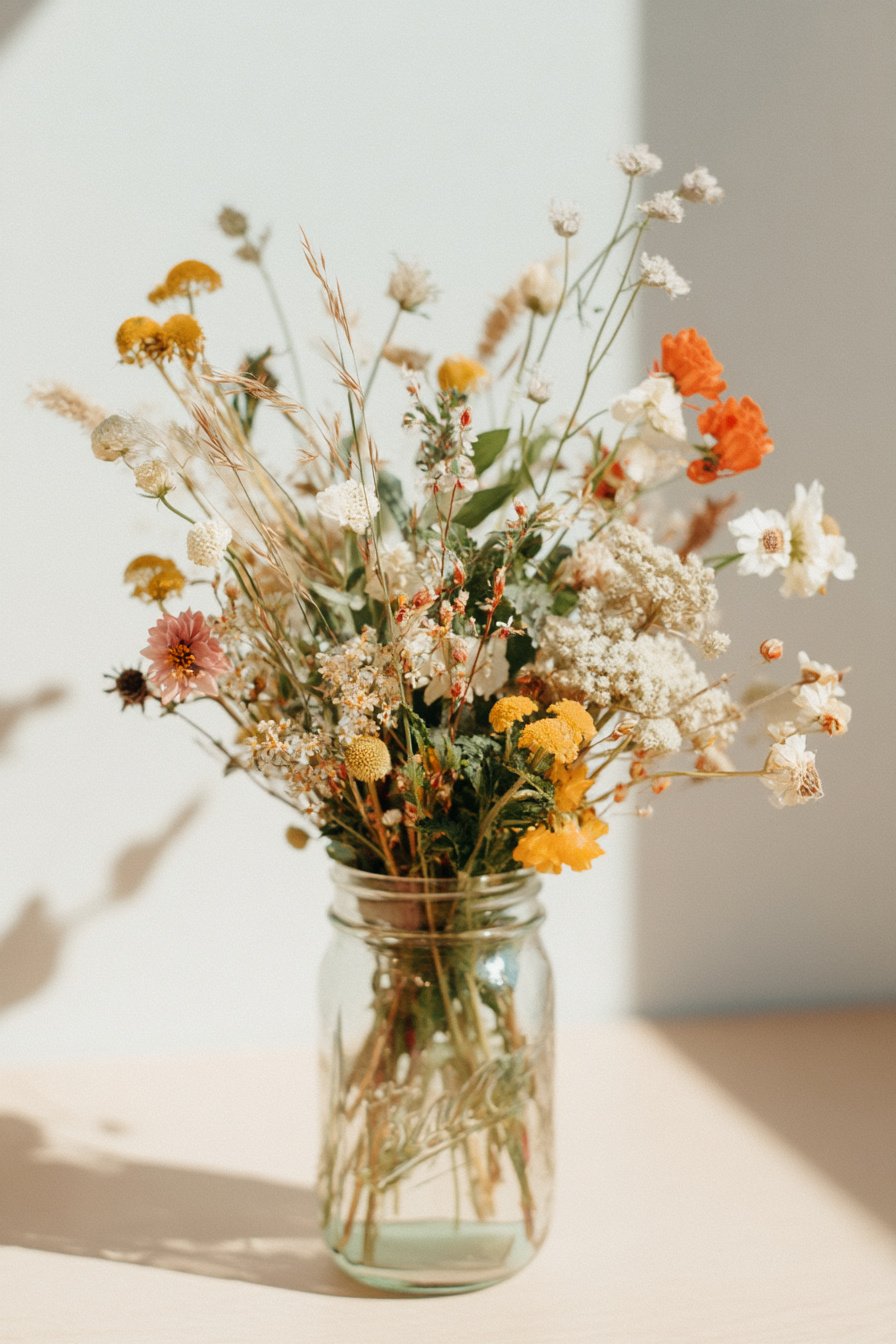 Mason Jar mit buntem Wildblumenstrauß im Frühling