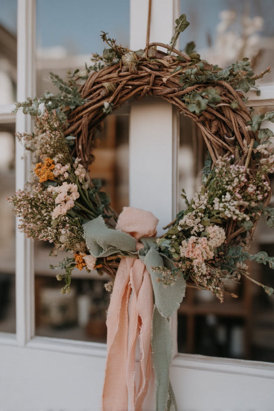 Türkranz aus Zweigen mit Pastellschleifen und Trockenblumen