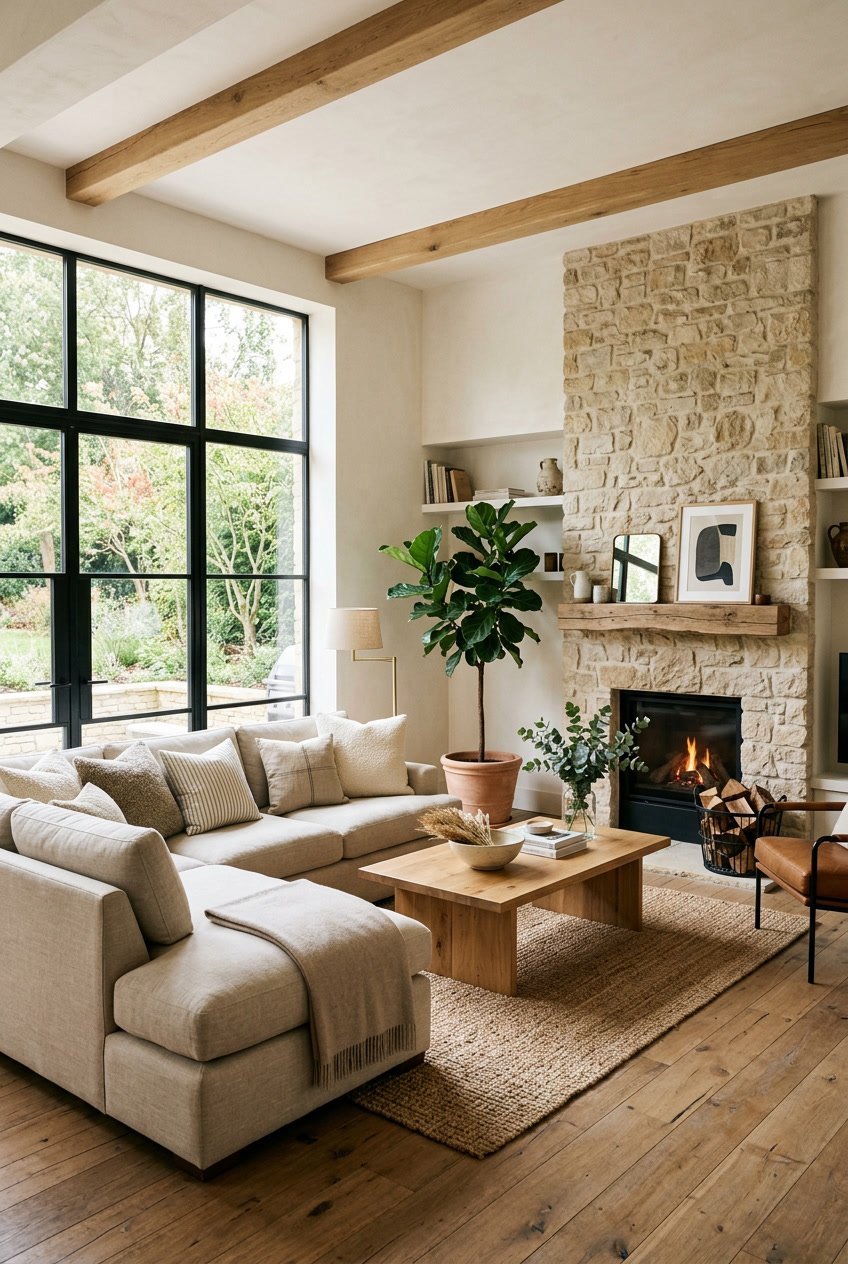 Ein heller Wohnraum mit einer Kombination aus Holz, Stoff, Stein und Metall, gemütlicher Sitzgruppe und Pflanzen.