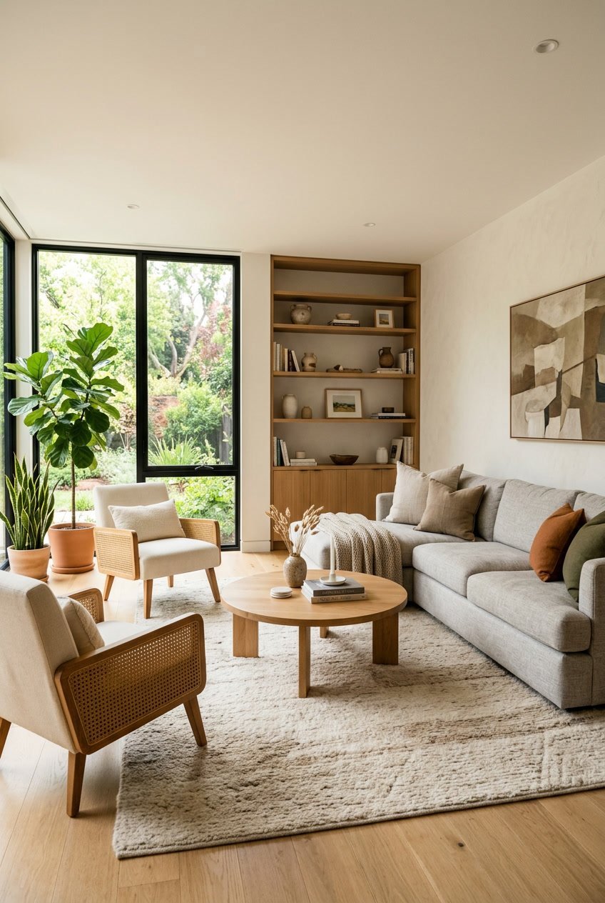 Ein gemütliches Wohnzimmer mit harmonisch angeordneten Möbeln, Pflanzen und natürlichem Licht.