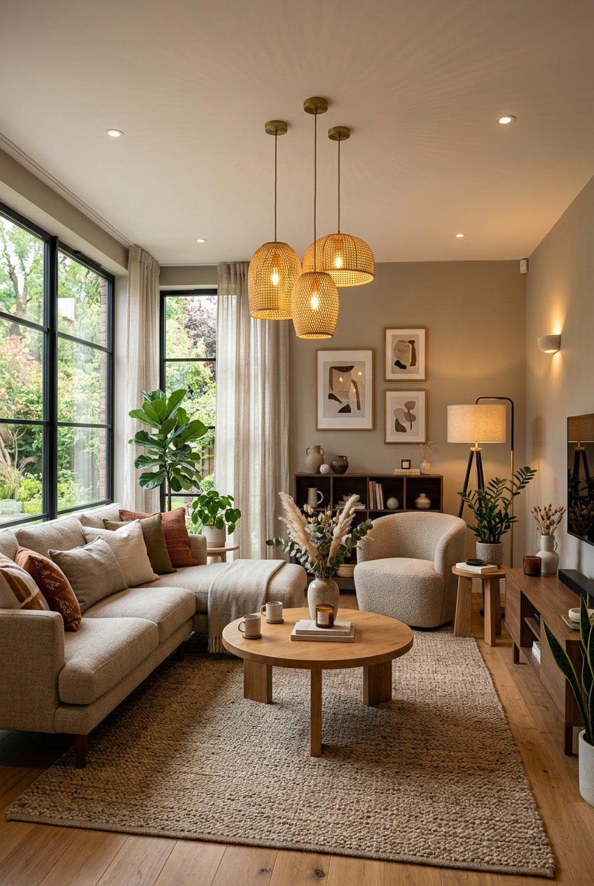 Wohnzimmer mit mehreren Lichtquellen, darunter Fensterlicht, Stehlampe und Deckenlampen, gemütlich eingerichtet mit Sofa, Tisch und Pflanzen.