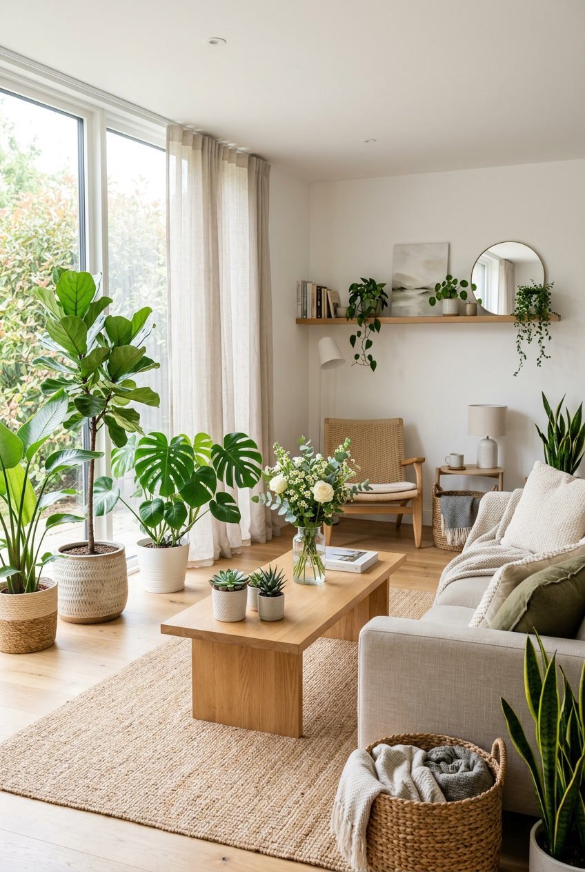 Helles Wohnzimmer mit verschiedenen grünen Pflanzen als natürliche Dekoration neben einem Fenster und neutralen Möbeln.