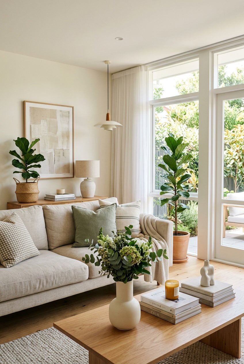 Ein helles Wohnzimmer mit sorgfältig platzierten Dekorationsgegenständen, einem Sofa, einem Couchtisch mit Blumen und Pflanzen, das eine harmonische Wohnatmosphäre zeigt.