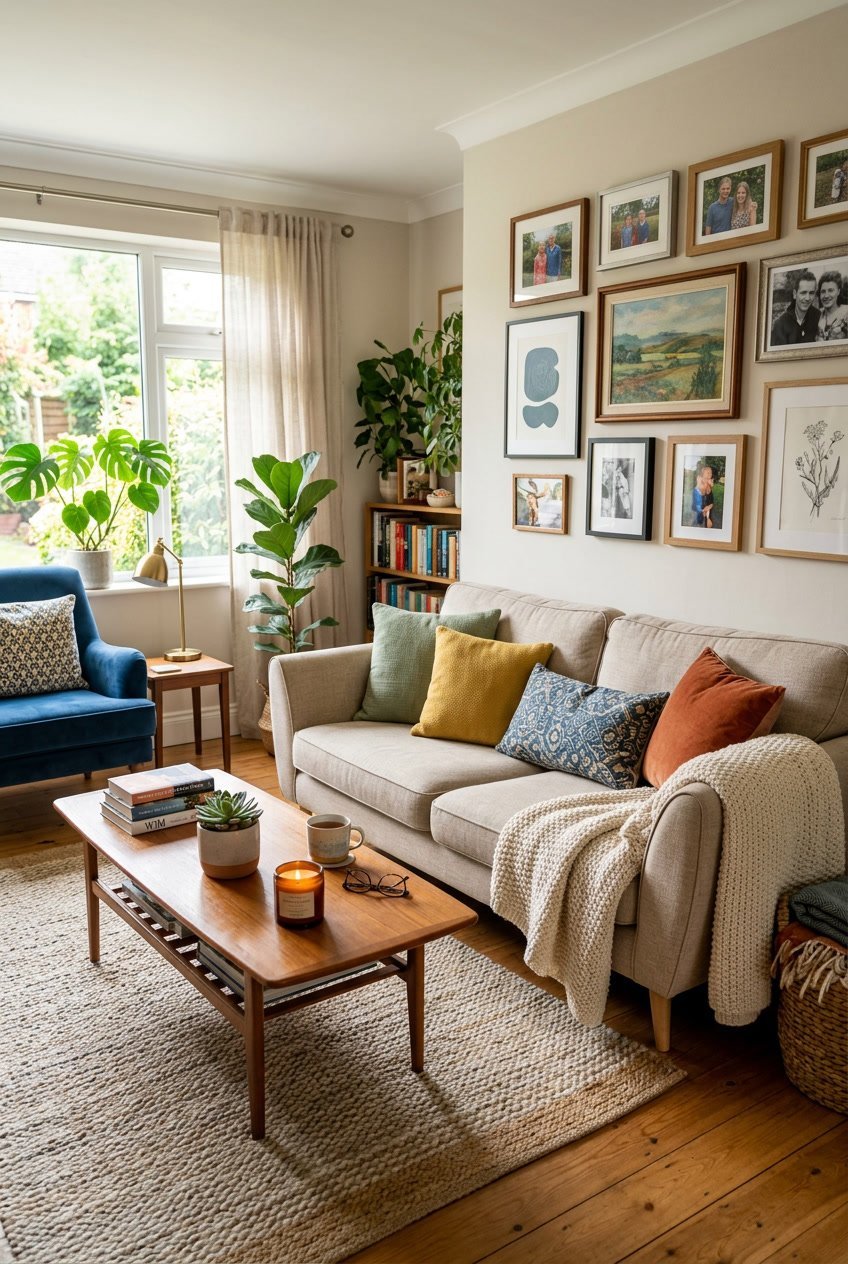 Ein helles Wohnzimmer mit Sofa, Kissen, persönlichen Fotos an der Wand und Pflanzen, das eine gemütliche und harmonische Wohnatmosphäre zeigt.