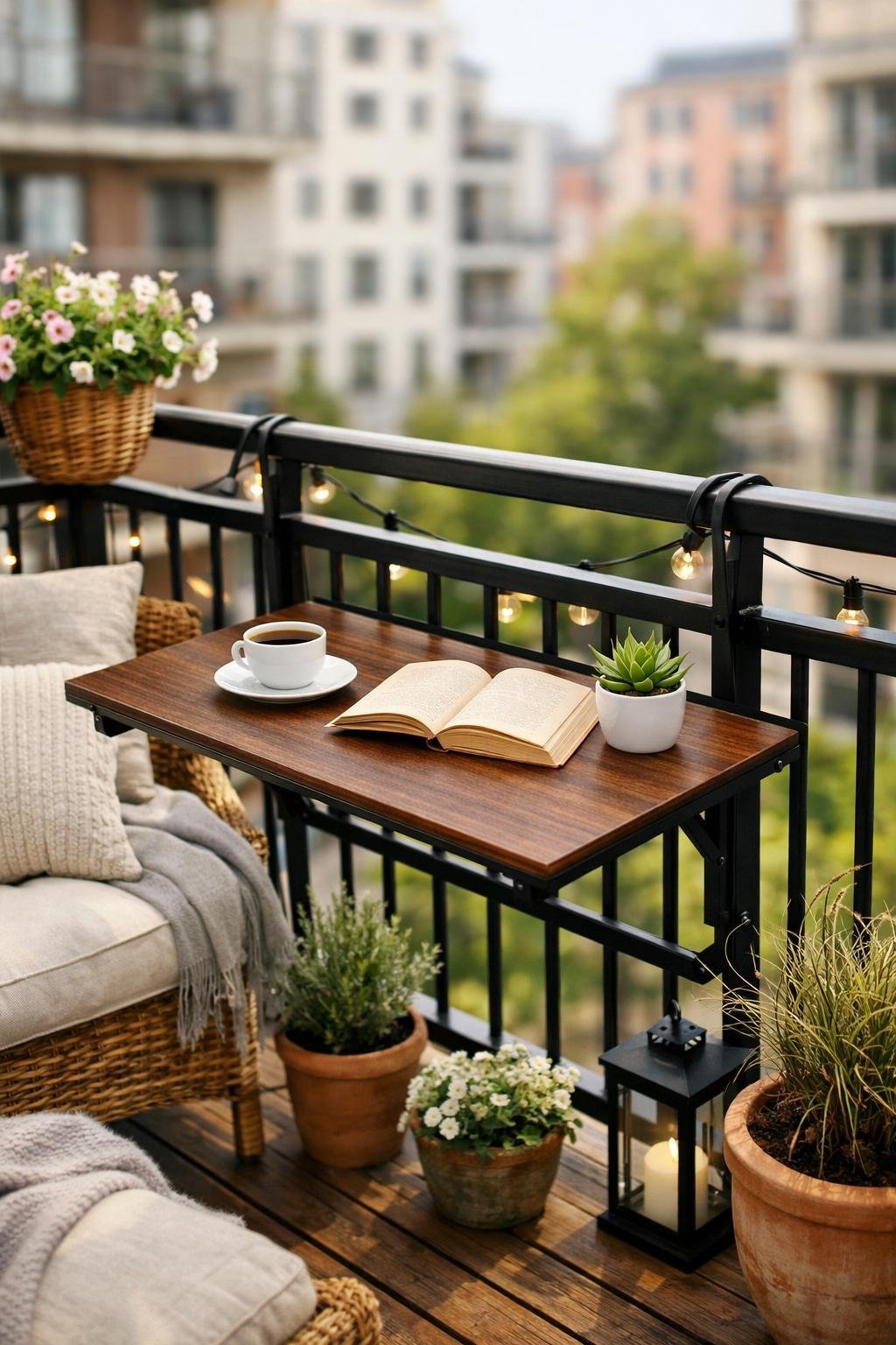 Kleiner Balkon mit klappbarem Balkontisch, Pflanzen und gemütlicher Sitzgelegenheit.