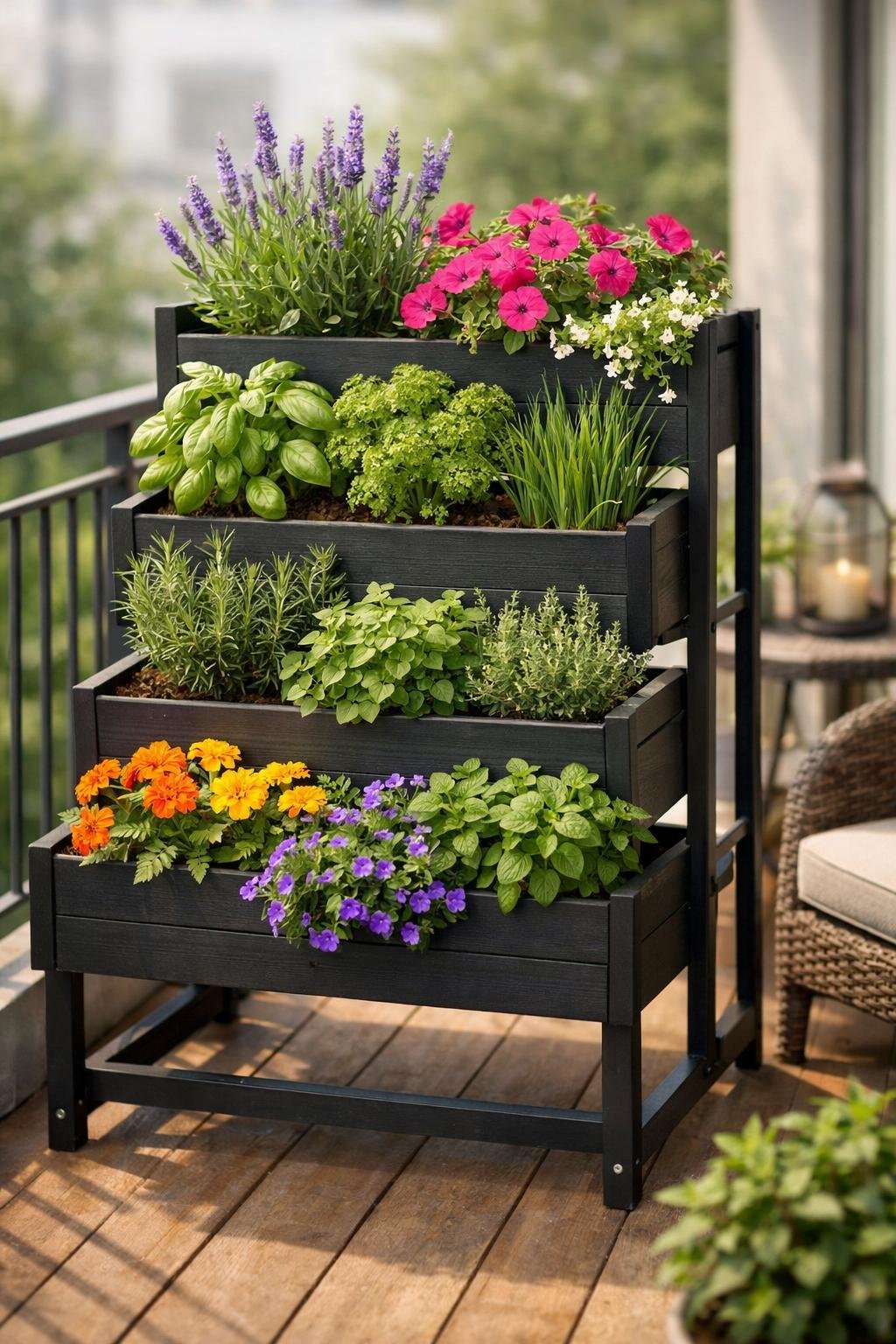 Ein vertikaler Pflanzkasten mit Kräutern und Blumen auf einem kleinen Balkon.