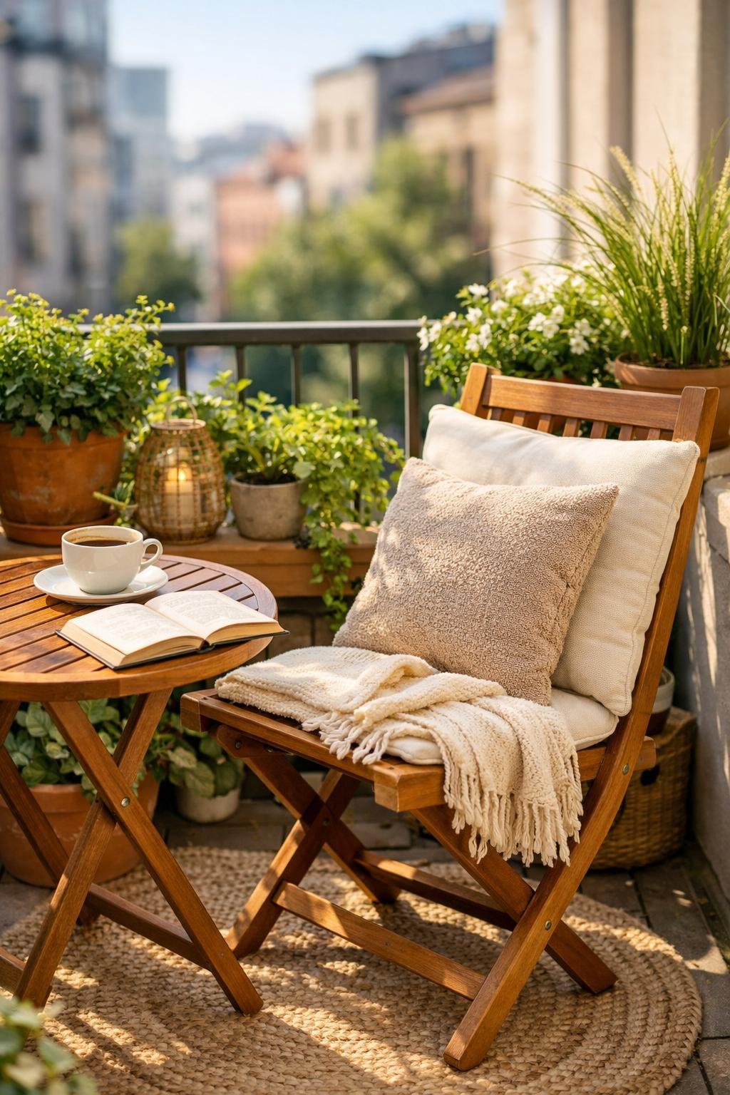 Ein kleiner Balkon mit einem Holzklappstuhl, Pflanzen und einer Tasse auf einem Tisch, der zum gemütlichen Sitzen einlädt.