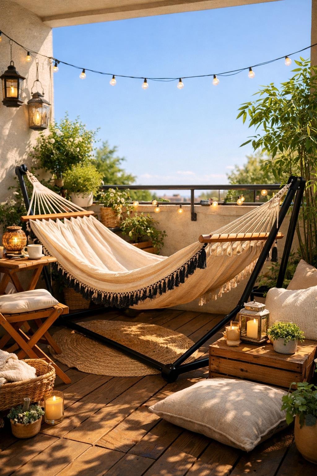 Kleiner Balkon mit einer faltbaren Hängematte, Pflanzen und gemütlicher Dekoration.