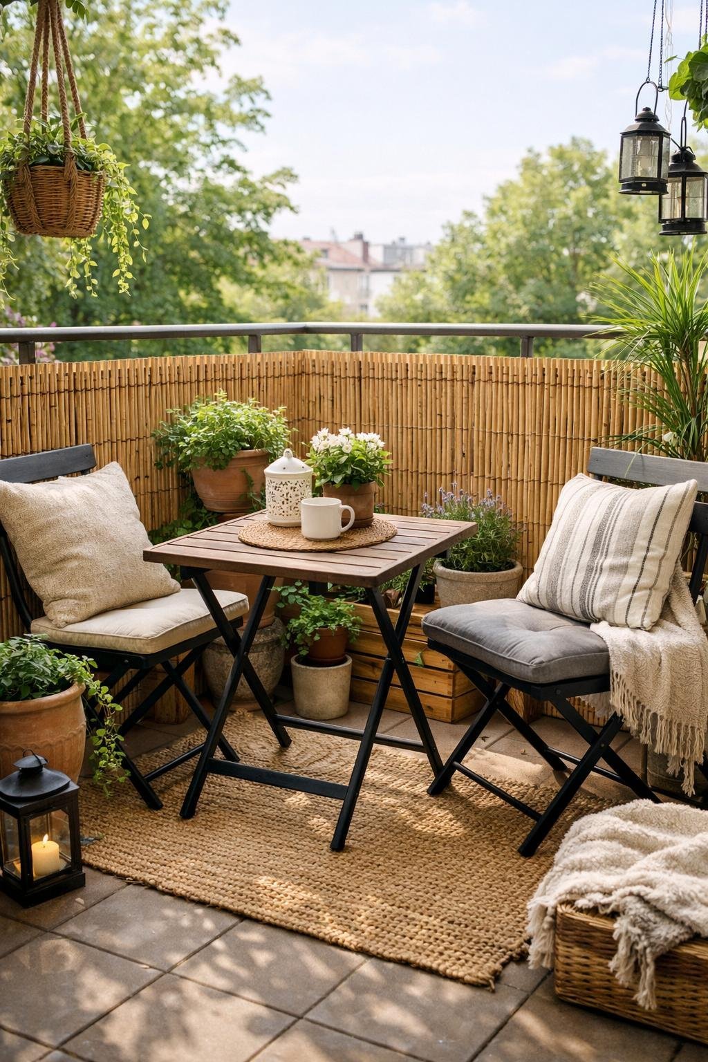Kleiner Balkon mit Bambusmatten als Sichtschutz, Pflanzen und Sitzgelegenheit.