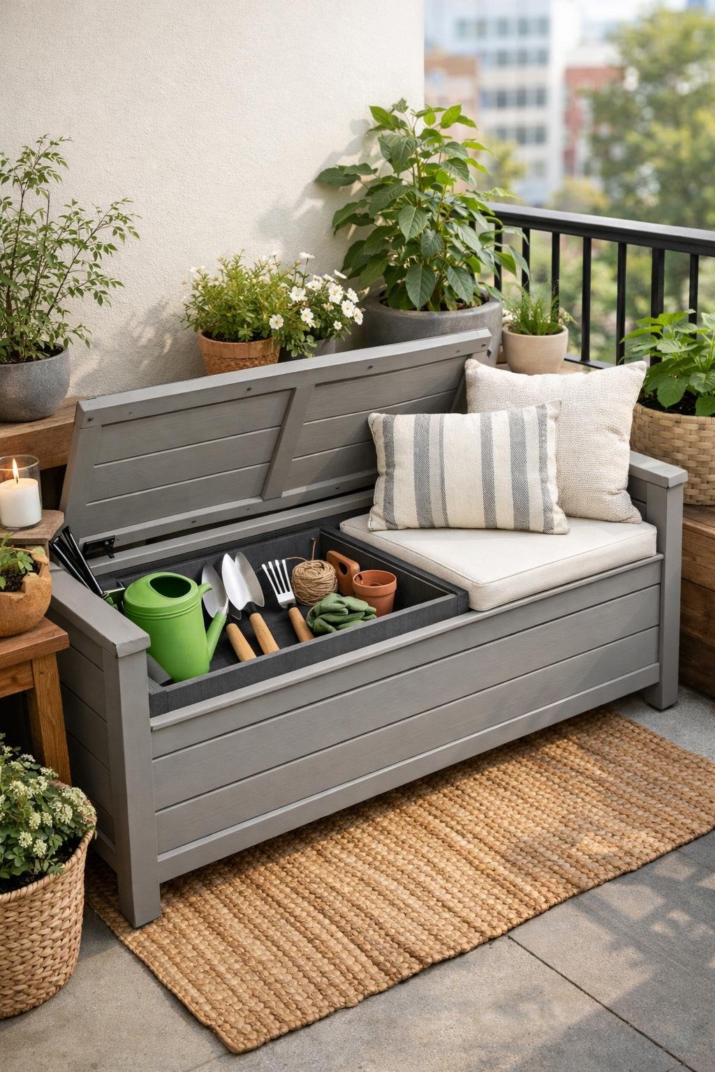 Kleiner Balkon mit einer Sitztruhe, Pflanzen und Gartengeräten.