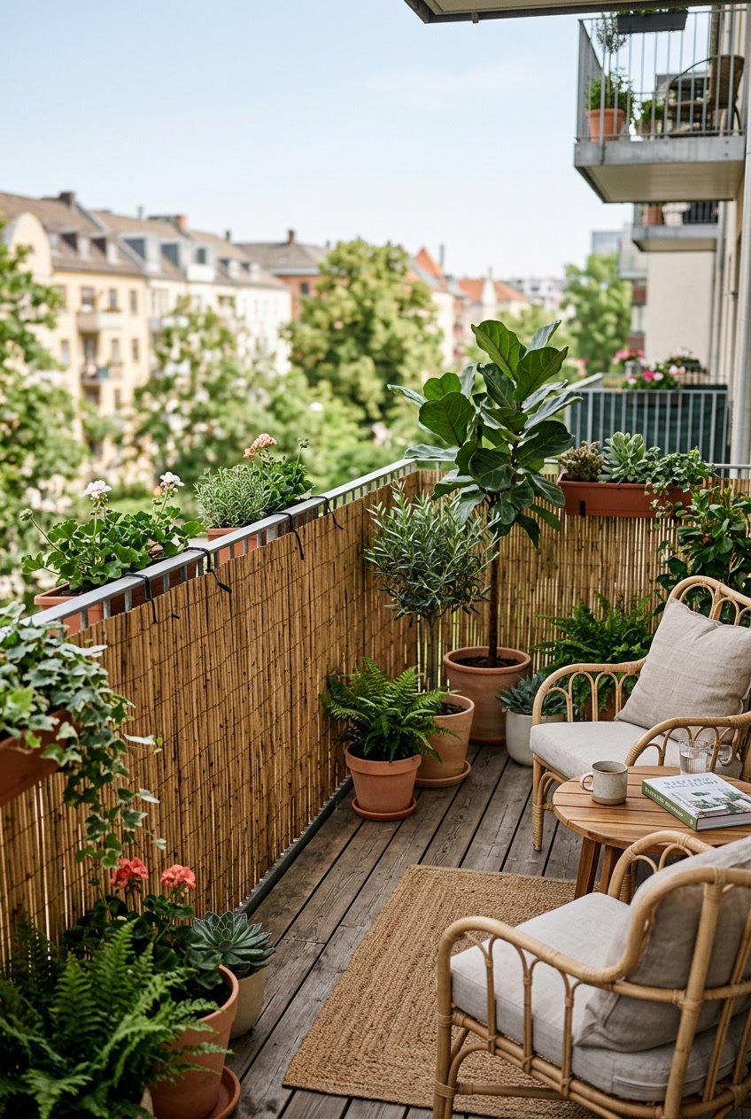 Balkon mit Bambusmatten als Sichtschutz und grünen Pflanzen.
