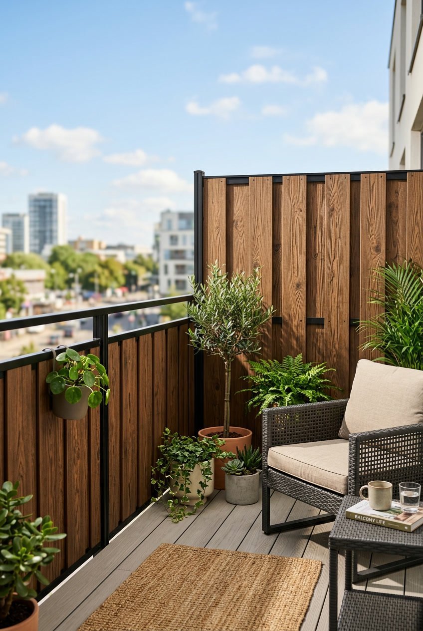 Balkon mit Sichtschutz aus Kunststoffzaun-Elementen in Holzoptik und Pflanzen.