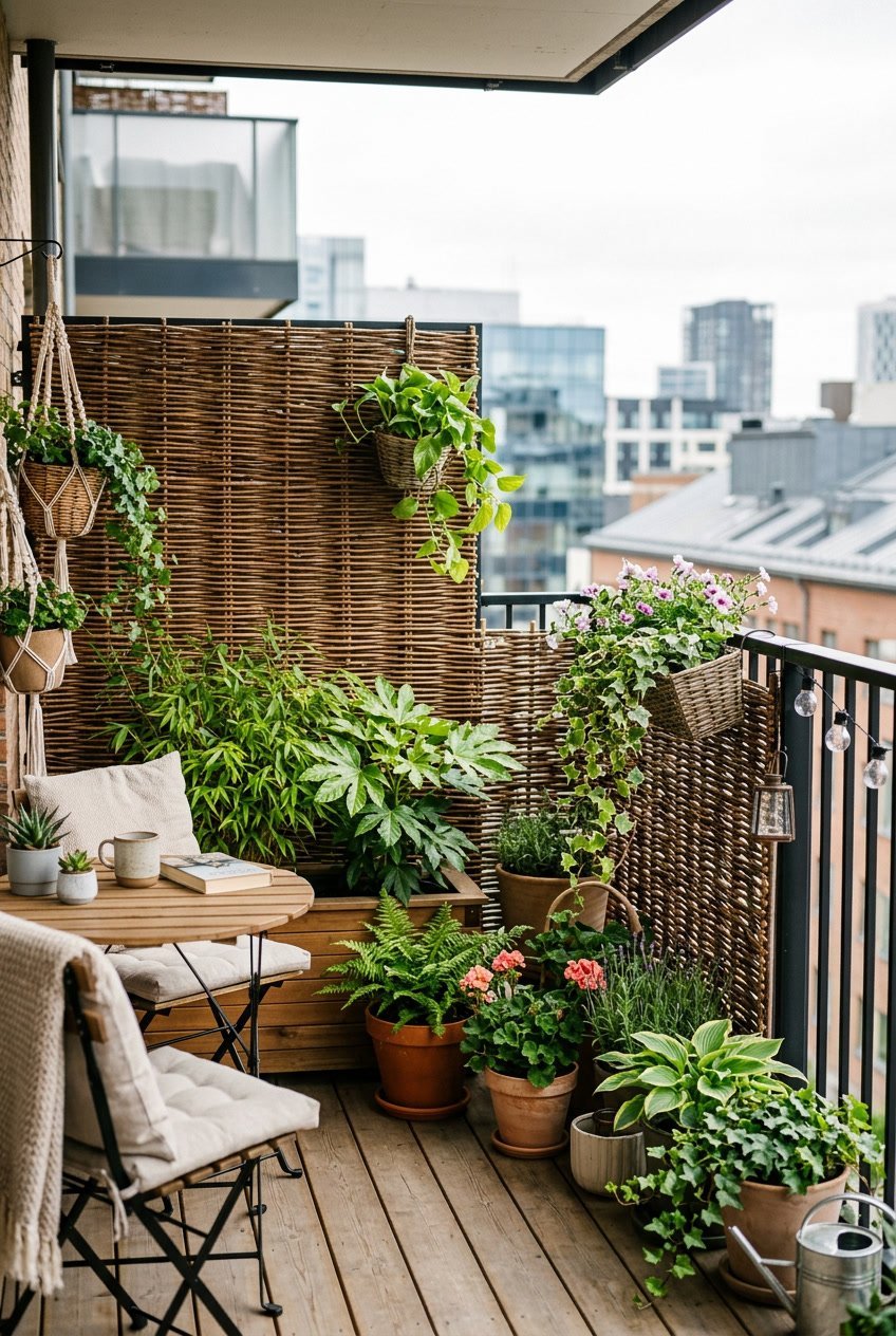 Balkon mit einem Sichtschutz aus Weidengeflecht und mehreren grünen Pflanzen in Töpfen.
