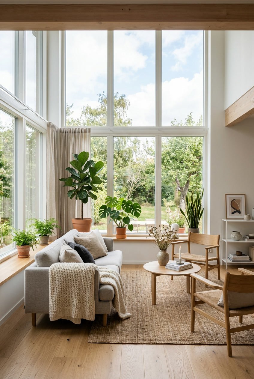 Gemütliches Wohnzimmer mit großen Fenstern, durch die viel Tageslicht einströmt, und einfacher, einladender Einrichtung.