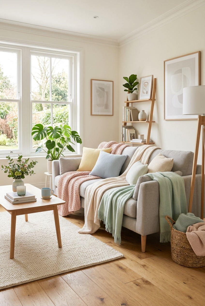 Gemütliches Wohnzimmer mit weichen Plaids in Pastelltönen auf einem Sofa, hellem Holz und Pflanzen.
