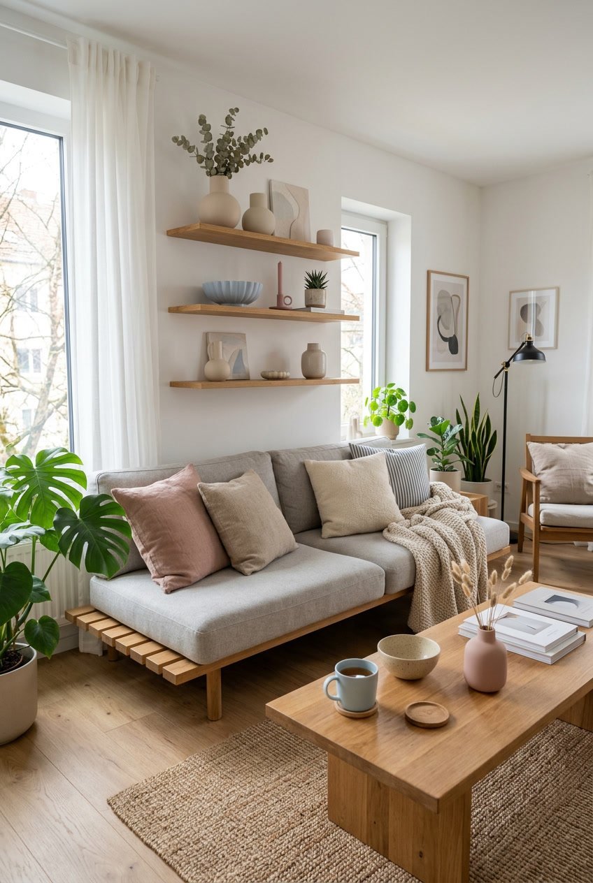 Gemütliches Wohnzimmer mit Keramikdekorationen in sanften Farben auf Regalen und einem Couchtisch.