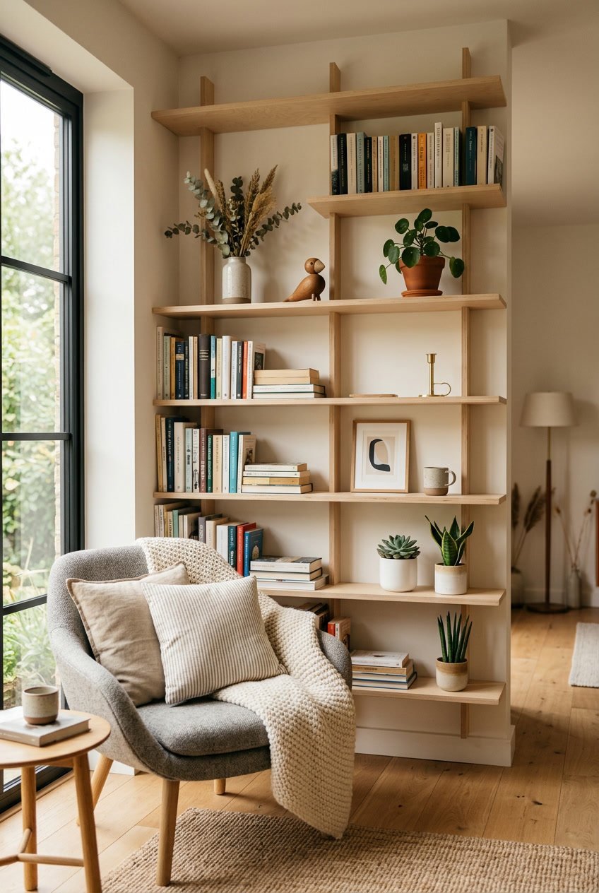 Ein Wohnzimmer mit Regalen aus Birkenholz, gefüllt mit Büchern und kleinen Dekorationsgegenständen, in einer gemütlichen Umgebung.