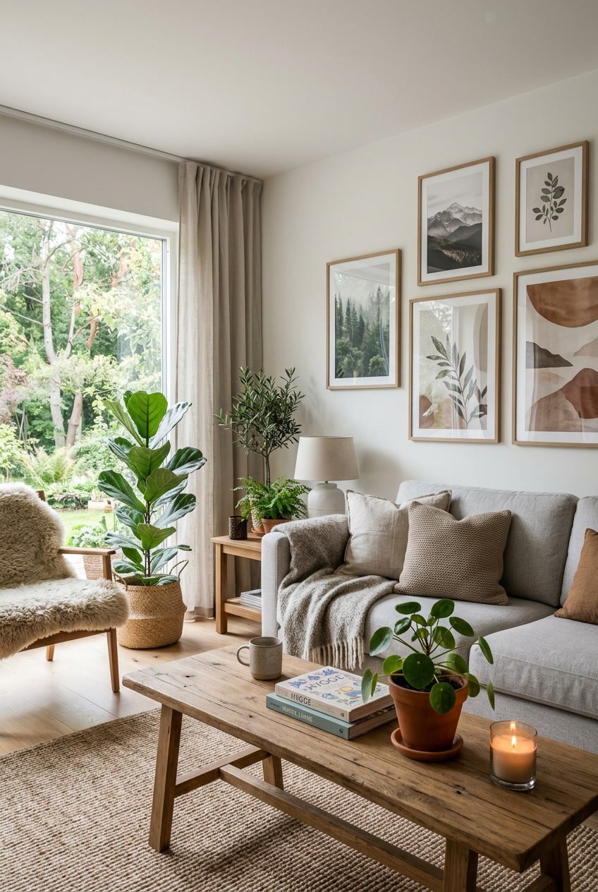 Gemütliches Wohnzimmer mit Sofa, Holztisch, Pflanzen und Wandbildern mit Naturmotiven oder abstrakter Kunst.