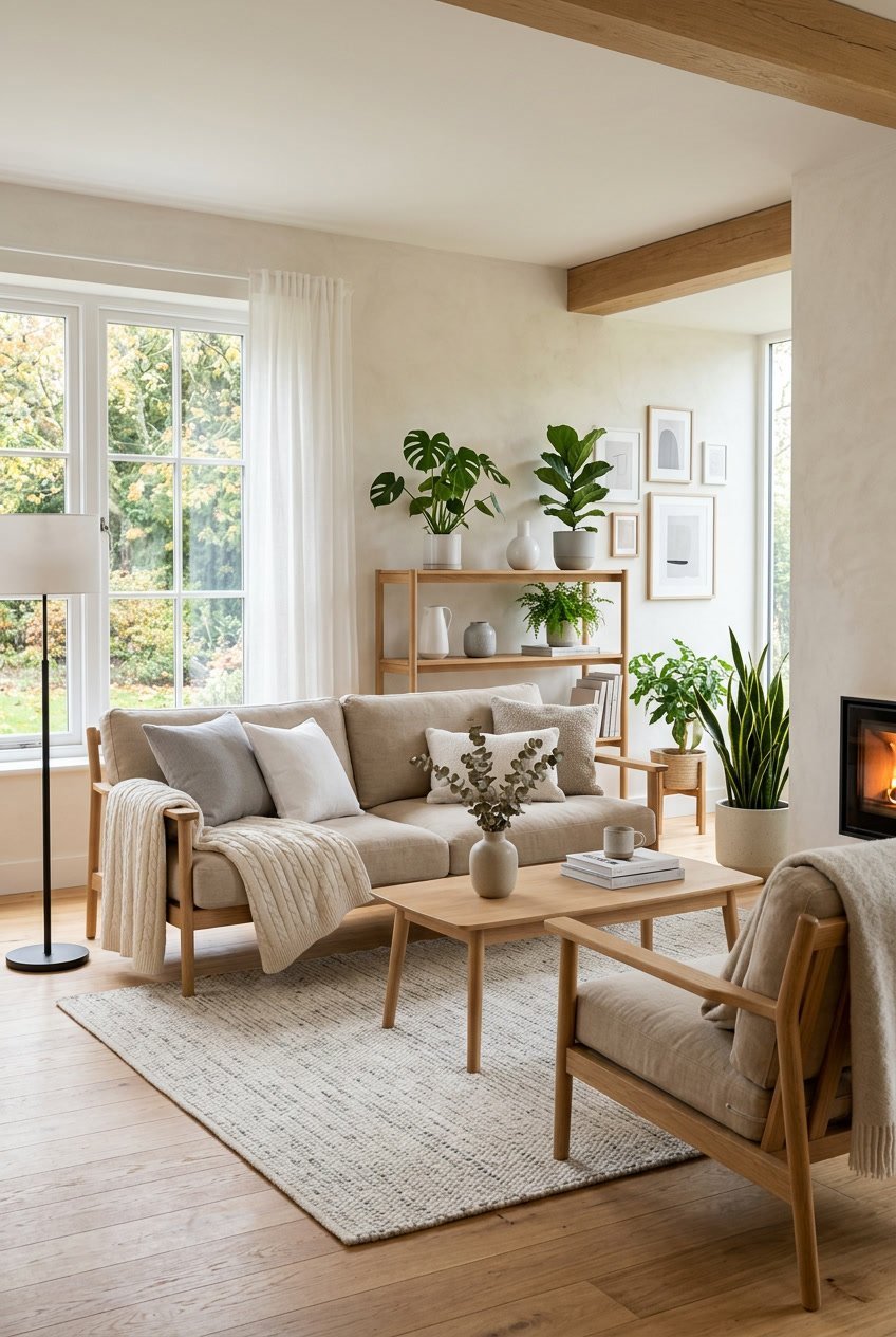 Ein gemütliches Wohnzimmer mit Holzmöbeln, hellen Textilien und Pflanzen, das natürliches Licht durch große Fenster empfängt.