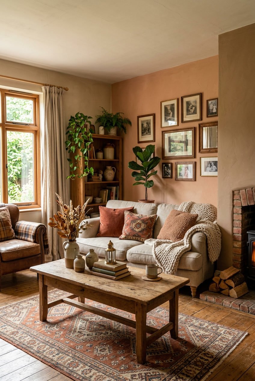 Gemütliches Wohnzimmer mit warmen Erdtönen an den Wänden, einem Sofa, einem Holztisch und dekorativen Gegenständen.