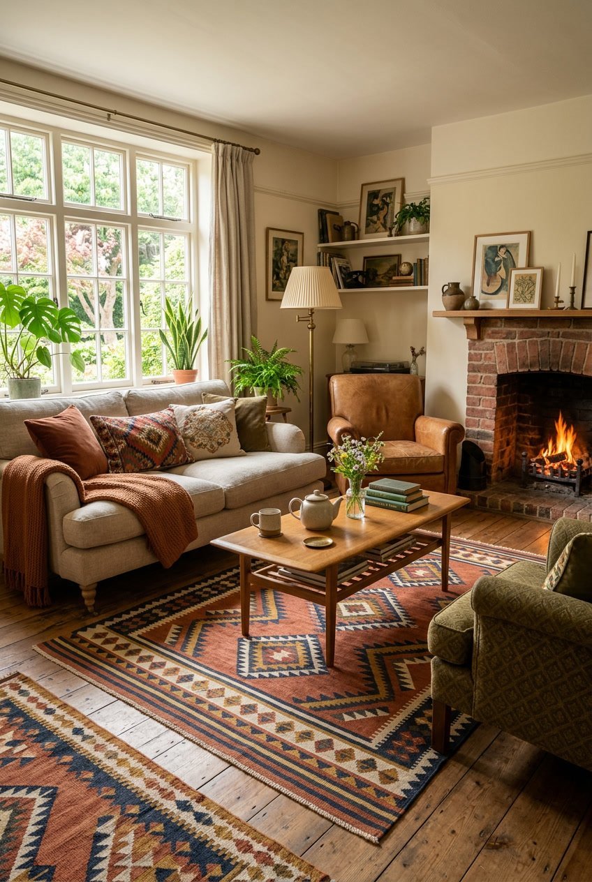 Gemütliches Wohnzimmer mit weichen Wollteppichen auf dem Boden, Sofa, Couchtisch und Pflanzen in einem hellen Raum.