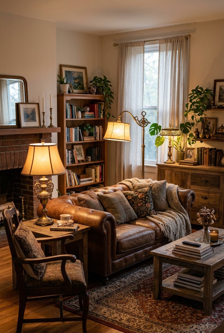 Ein gemütliches Wohnzimmer mit Sofas, Tischen und Lampen mit Messingdetails, warm beleuchtet und einladend eingerichtet.