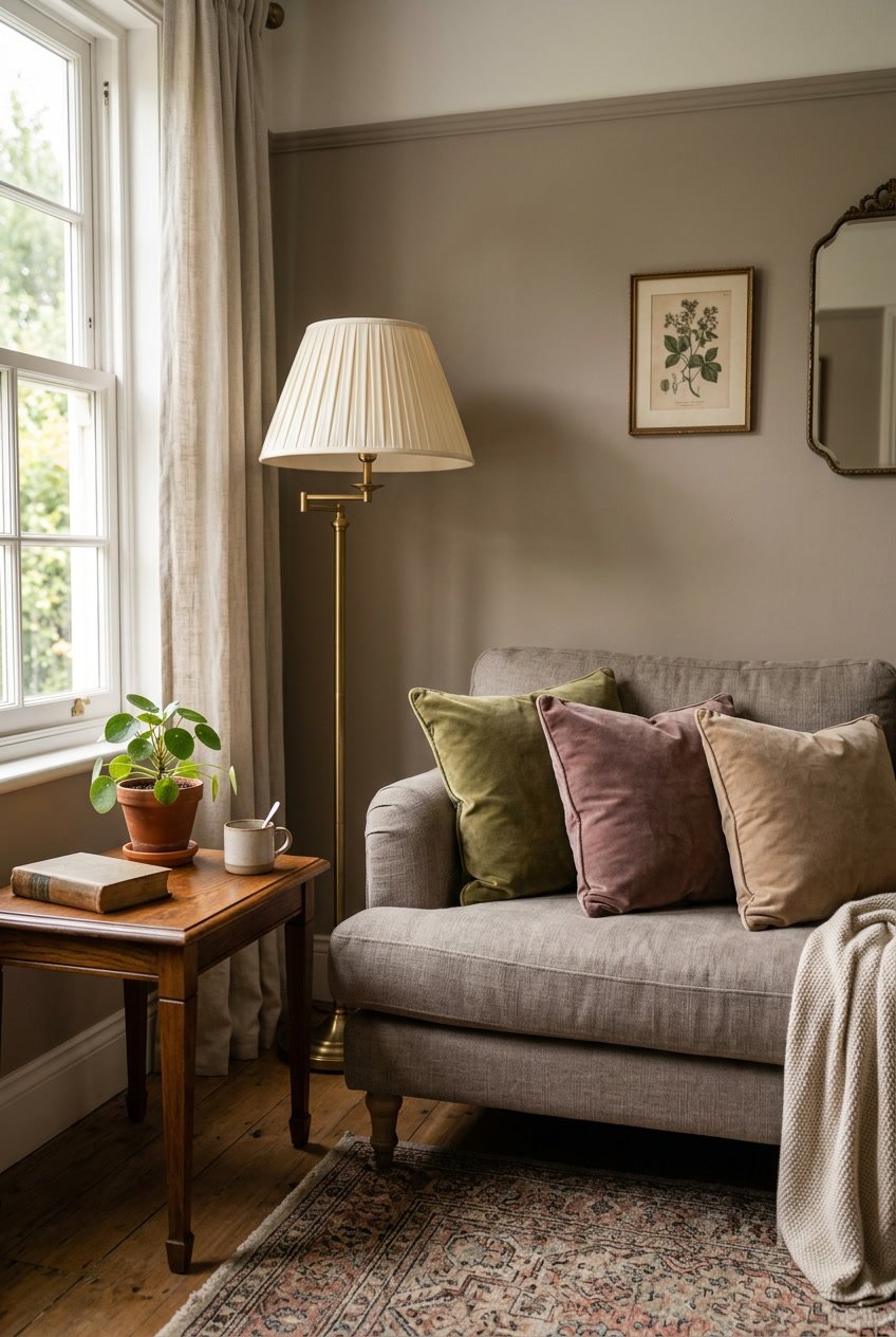 Ein gemütliches Wohnzimmer mit einem Sofa, das samtbezogene Kissen in gedeckten Farben hat, und einem kleinen Beistelltisch mit einer Pflanze.