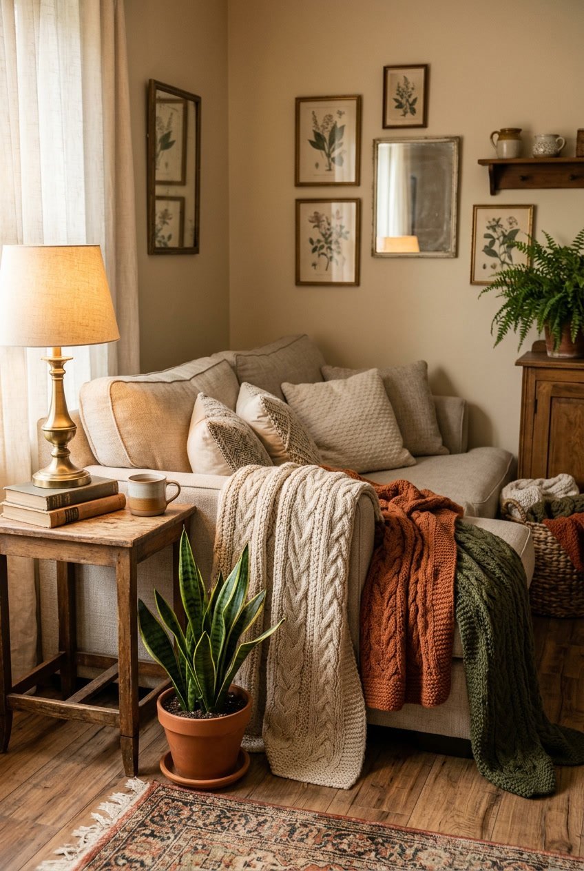 Gemütliche Sofa-Ecke mit weichen gestrickten Decken und dekorativen Pflanzen in einem Wohnzimmer.