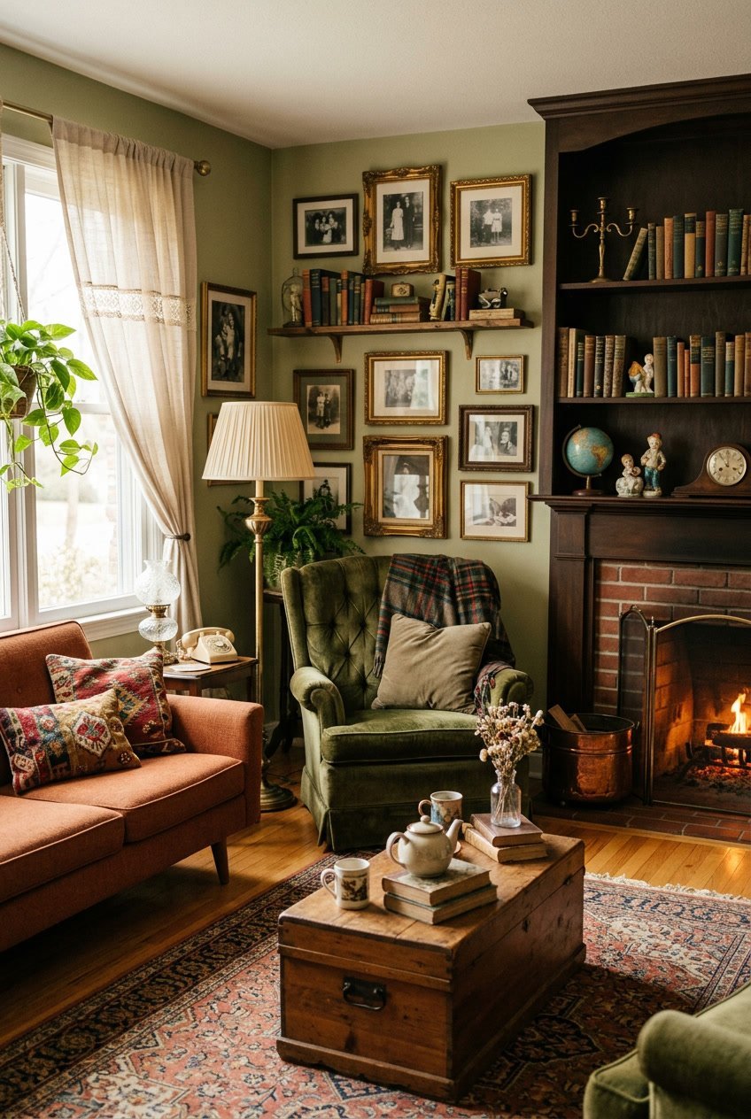 Ein gemütliches Wohnzimmer mit Sofa, Sessel, Holztisch, Teppich und dekorativen Bildern an den Wänden.