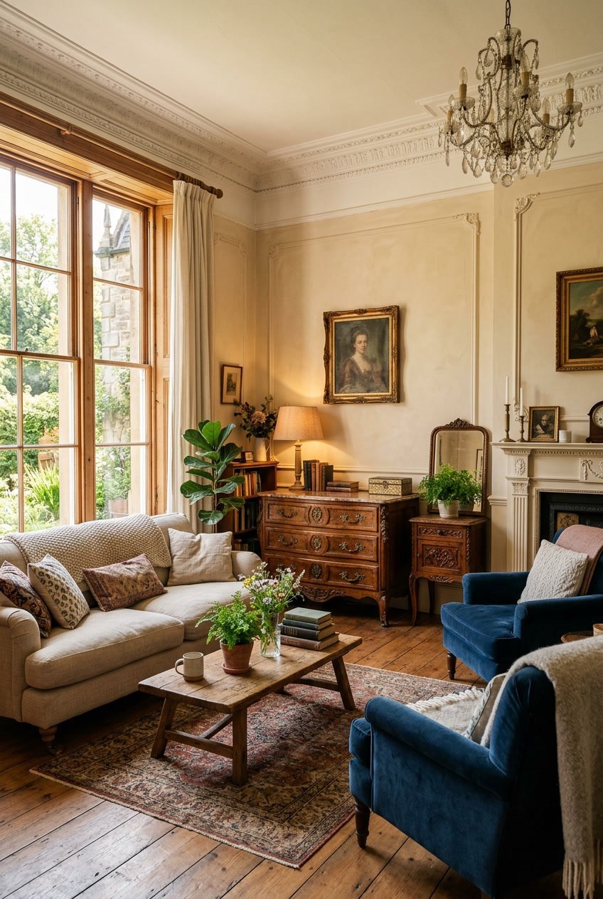 Gemütliches Wohnzimmer mit antiken Kommoden, bequemen Sitzmöbeln und großen Fenstern in einem Altbau.