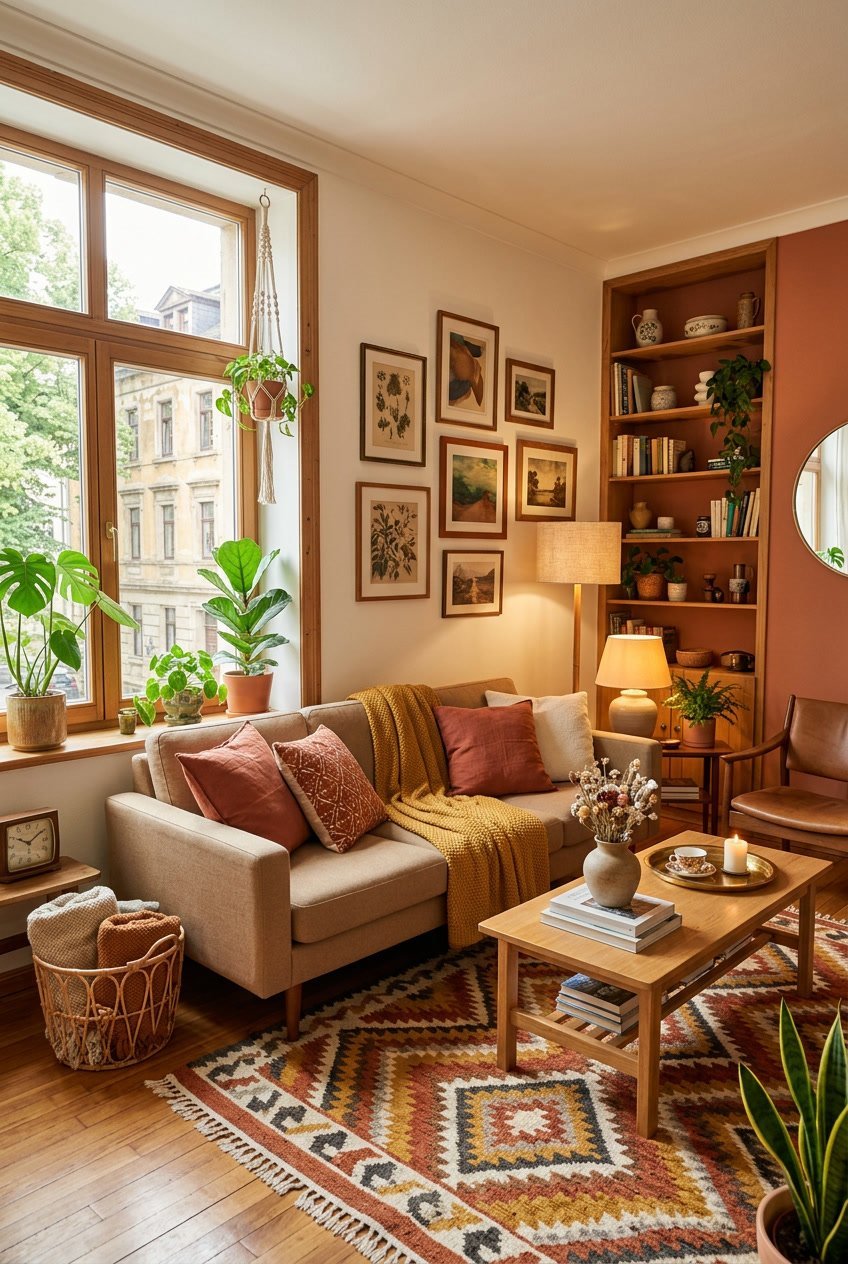 Gemütliches Wohnzimmer mit Sofa, warmen Terrakotta- und Senfgelbtönen, Holzmöbeln und Pflanzen in einem Altbau.