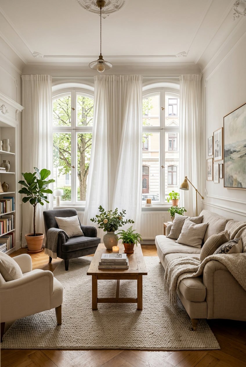 Gemütliches Wohnzimmer mit großen Fenstern und weißen Vorhängen, warm eingerichtet mit Sofa, Tisch und Pflanzen.