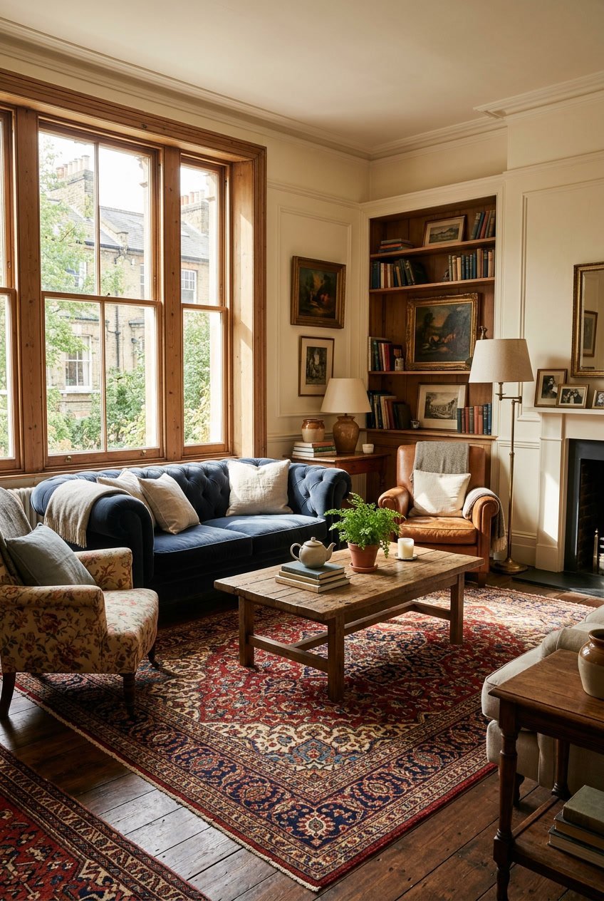 Gemütliches Wohnzimmer mit gemusterten Teppichen, Sofa, Sesseln und warmem Tageslicht in einem Altbau.