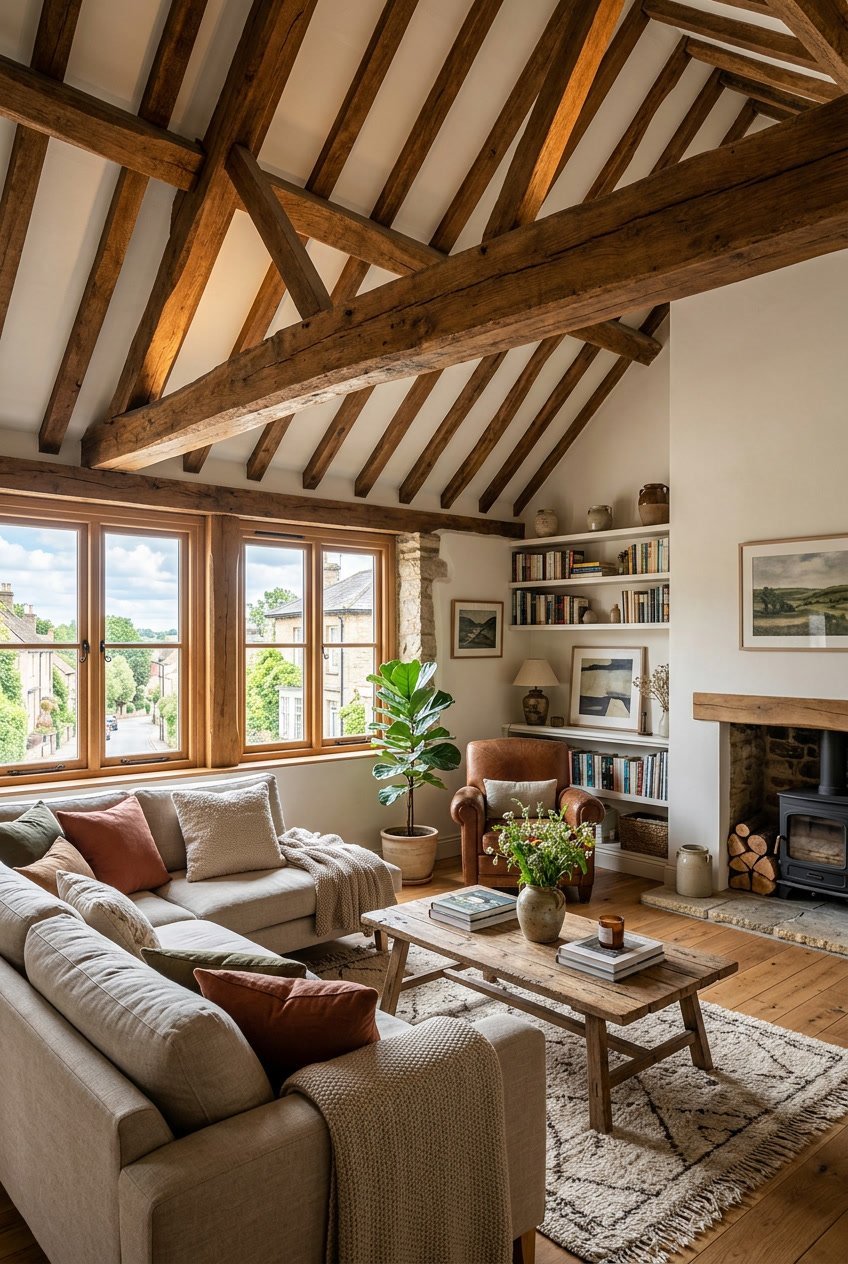 Gemütliches Wohnzimmer mit sichtbaren Holzbalken an der Decke und warmem Licht.