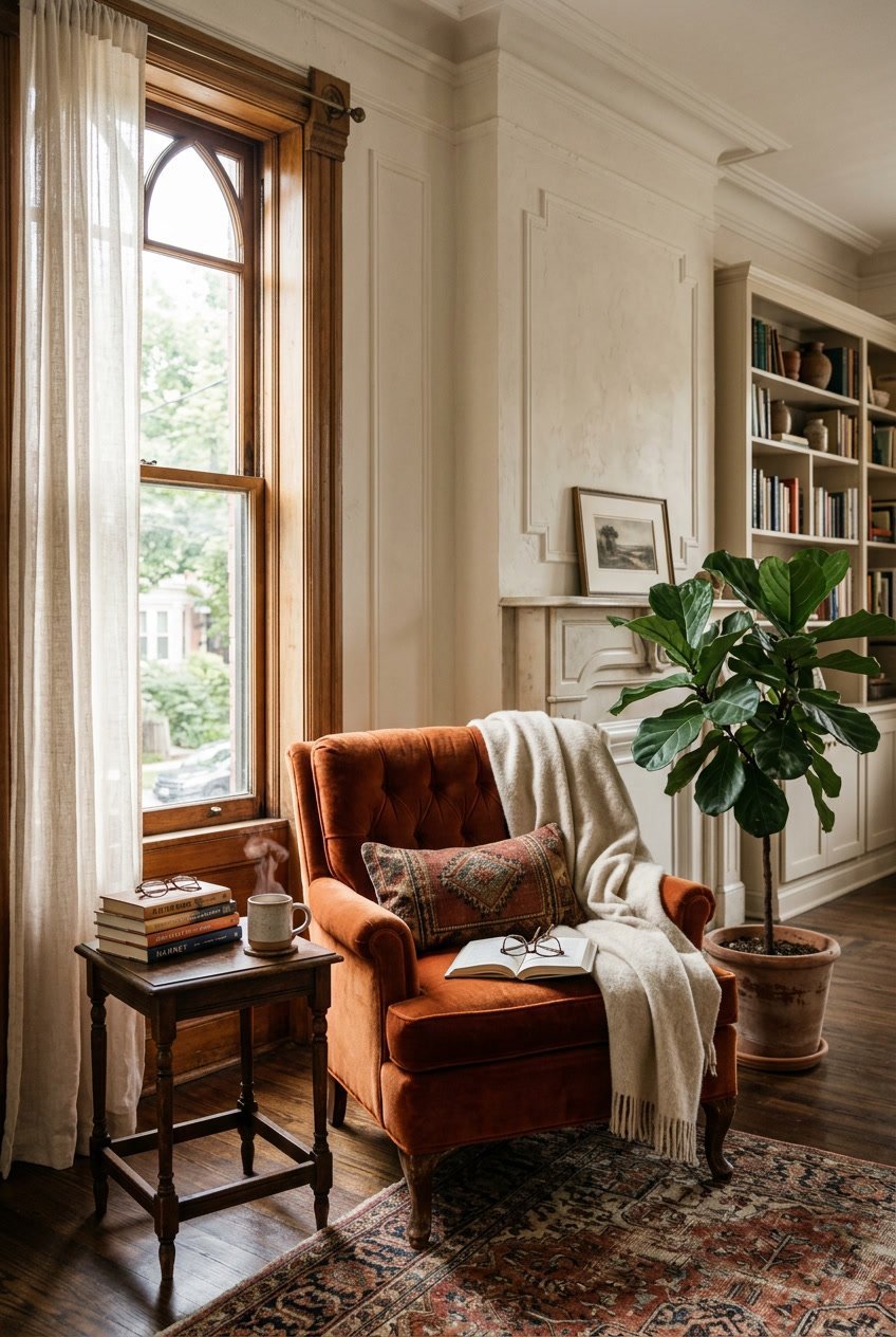 Gemütliche Leseecke mit einem Samt-Sessel, einem kleinen Beistelltisch, Büchern und einem Fenster im Altbauwohnzimmer.