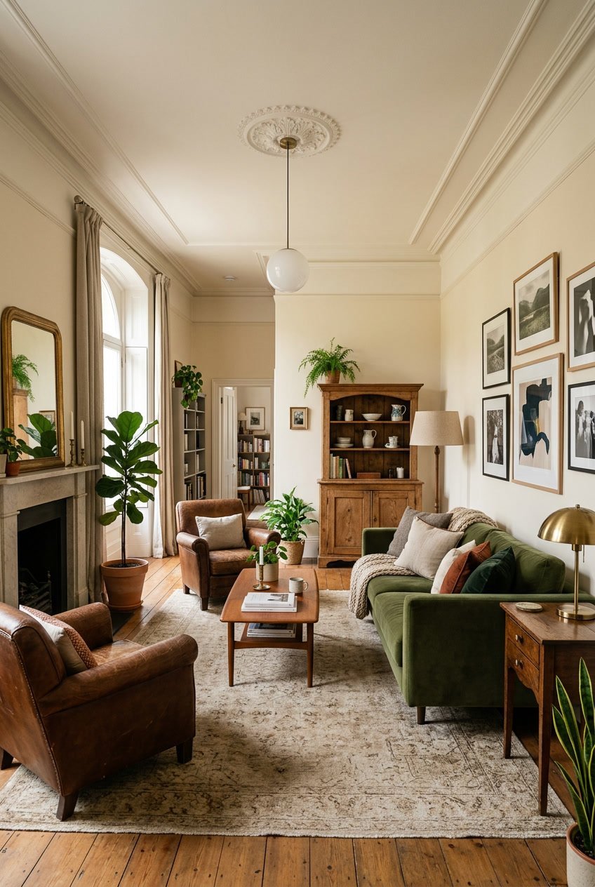 Gemütliches Wohnzimmer mit einer Kombination aus modernen und antiken Möbelstücken, natürlichem Licht und dekorativen Pflanzen.